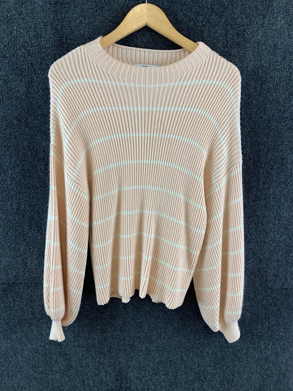 Saylor Reformation Pink White Stripped Ribbed Knit Wool Crewneck Balloon Sweater